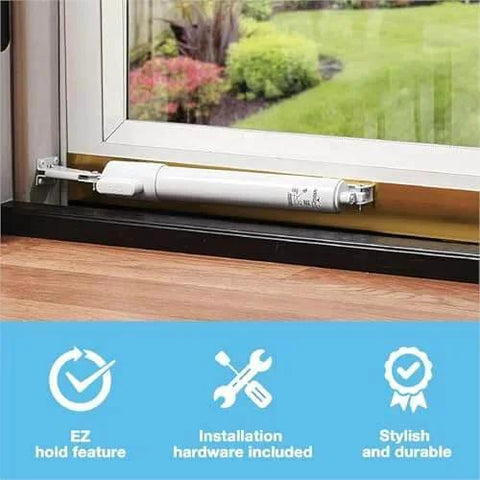 Heavy Duty Pneumatic Screen & Storm Door Closer with EZ-Hold installed on out-swinging door, showing adjustable speed and durability