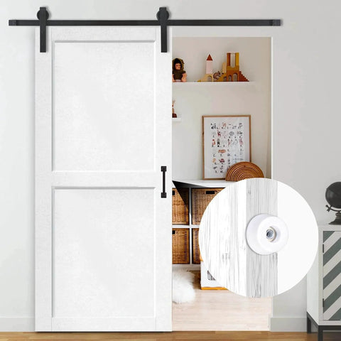 Sliding Pocket Door Hardware Kit installed on a 1-3/8 inch thick white door with focus on door hanger rollers for interior use