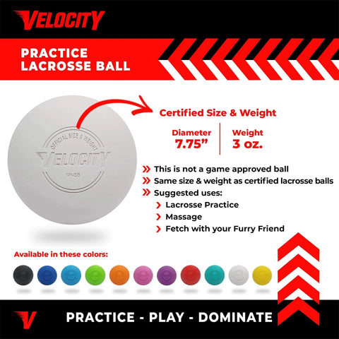 Practice Lacrosse Balls - 1, 2, 3, 6, 12, 18, 24, 36, 60 and 120 Packs - Official Size and Weight - White ball with features listed.