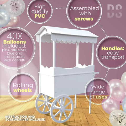 Candy Cart On Wheels For Parties With 40 Balloons Included PVC Dessert Cart For Weddings Baby Showers And Vendor Events Durable PVC Party Display Stand with wheels and balloons