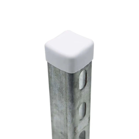 White Plastic Square End Cap For 1-5/8 Inch Strut Channel Ends installed on metal channel to prevent damage and debris buildup
