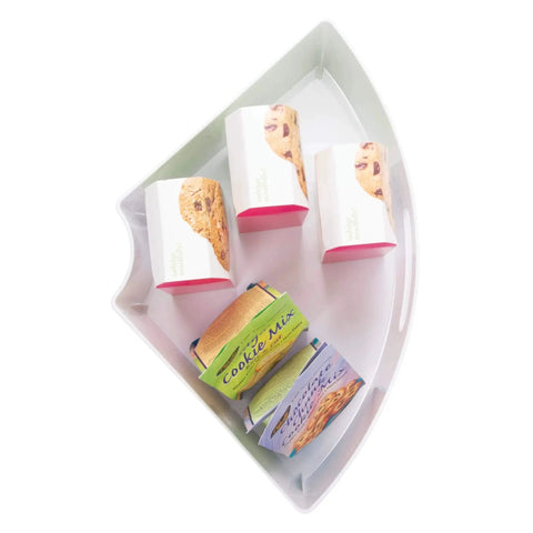 Quarter Wedge Lazy Susan Turntable Organizer With Handle In White, holding several food boxes. Made from recycled plastic.