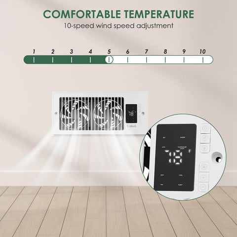 Register Booster Fan 4x10 for Home HVAC, 10-speed quiet vent fan, white, installed view with thermostat control display