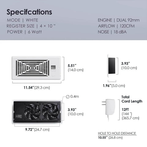 Specifications of Quiet 4 By 10 Inch Register Booster Vent Fan With 10 Speed Smart Remote And Thermostat Control, showing dimensions and features.