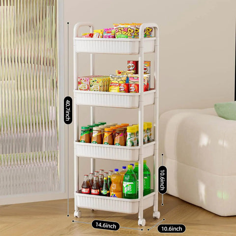 Four Tier Rolling Cart With Wheels For Kitchen Office Bedroom And Craft Storage Lightweight Yet Sturdy Utility Cart On Locking Casters White Perfect Go To Diaper Snack Tool Organizer For Home Use with dimensions shown
