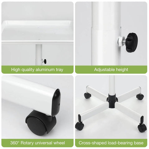 White Salon Tray Rolling Cart With Wheels Adjustable Height Service Tray For Tattoo Medical And Dental Rooms Minimalist Color Tray On Four 360 Degree Casters Easy Height Lift Durable Mobile Beauty Tray