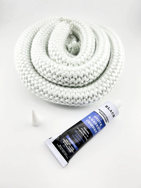White braided door gasket rope, 5/8 inch x 9 ft, for stove doors; includes gasket cement tube and nozzle.