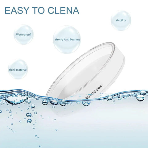 360 Degree Rotating Makeup Organizer With Perfume Tray And Skincare Holder, shown with waterproof and load-bearing features, "Easy to Clena" text