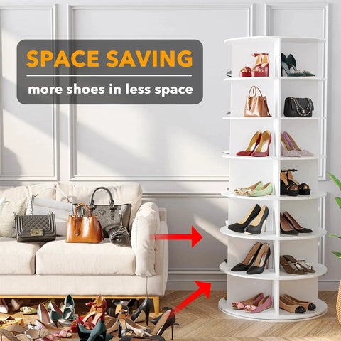 7 Tier Rotating Shoe Rack Tower With Spinning Lazy Susan Display showcasing shoes and handbags in white vertical closet organizer
