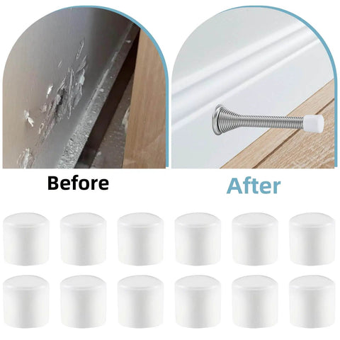 Before and after image showing wall damage repaired with 25 Pack Door Stop Tips Caps 0.39 Inch White Rubber Universal Replacement Bumpers For Door Stops Hinges Wall Mount Baseboard Protectors Quiet Close Easy Install Durable Rubber Tips.