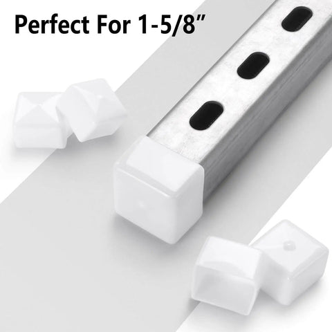 Soft rubber end caps for 1-5/8 inch Unistrut channels in white, shown installed on a metal strut, providing edge protection.