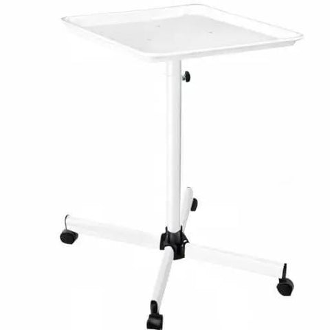 White Salon Tray Rolling Cart With Wheels Adjustable Height Service Tray For Tattoo Medical And Dental Rooms Minimalist Color Tray On Four 360 Degree Casters Easy Height Lift Durable Mobile Beauty Tray
