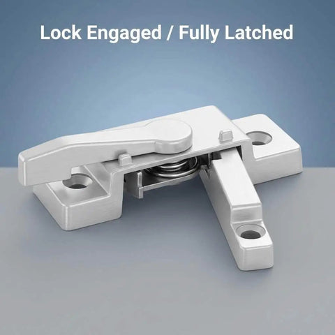 Close-up of a 10 Pack Sliding Window Sash Locks Cam Action White For Vertical And Horizontal Sliding Windows Double Hung Window Sash Lock Set Left Or Right Opening Enhances Security And Prevents Forced Entry, zinc alloy with engaged lock position.