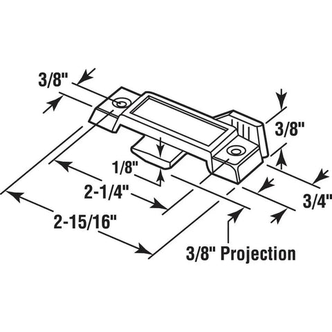 Diagram of a durable cam-action lock with 2-1/4 inch mounting center for aluminum sliding windows; secures frames with easy retrofit.