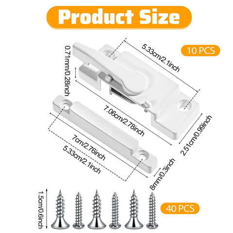 10-Pack Universal Window Sash Locks with cam-action latches, white finish, shown with product dimensions and screws, fits double-hung, single-hung, and horizontal sliding windows.