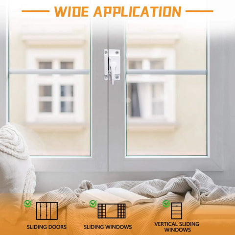 Maintain home security with a 4 pack of white sash locks for single-hung and double-hung windows; includes 16 screws for easy replacements, durable materials, and reliable vertical or horizontal sliding protection. White sash lock installed on window frame with view to exterior.