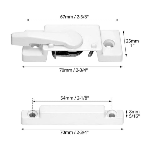 10 Pack Sliding Window Sash Locks Cam Action White For Vertical And Horizontal Sliding Windows Double Hung Window Sash Lock Set Left Or Right Opening Enhances Security And Prevents Forced Entry, front view with dimensions