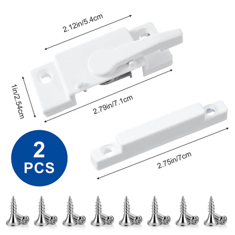 Enhance home security with this 2-pack white sash locks for single and double hung windows, shown with measurements and screws