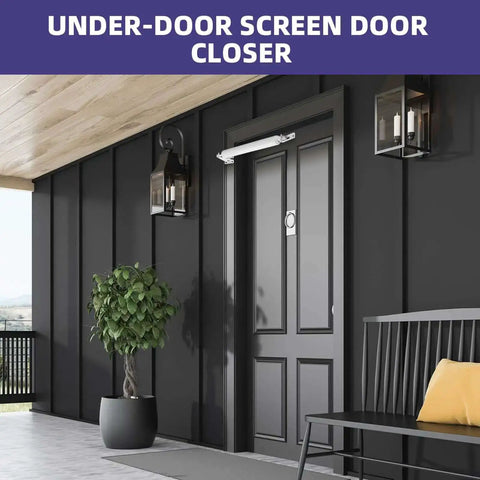 White Screen Door Closer Set Heavy Duty Pneumatic Storm Door Shock installed on a black exterior door, cushioned closure visible.