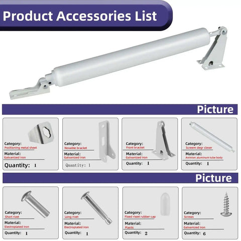 White Screen Door Closer Set Heavy Duty Pneumatic Storm Door Shock Adjustable Speed with components and screws display