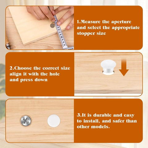 Screw Hole Plugs Pack Of 200 White Plastic Round Button Covers For Cabinets Cupboards And Shelves Multiple Size For Quick Concealment And A Neat Clean Look installation guide with measuring, aligning, and installing steps.