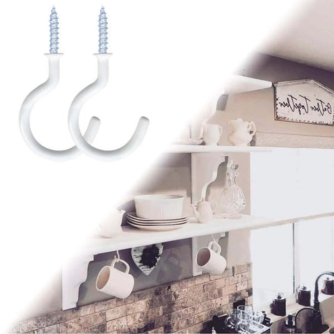 White screw-in hooks for kitchen shelf organization holding cups and kitchenware with visible shelves and hooks installation.