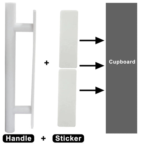 10 Pack White Self Adhesive Cabinet Handles 135mm 5.3 Inch with adhesive stickers for kitchen cabinets and drawers installation diagram