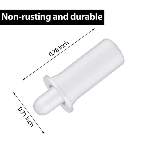 Close-up of a white spring-loaded replacement repair pin for plantation shutters, shown with dimensions 0.78 x 0.31 inches with 'Non-rusting and durable' text.