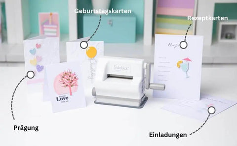 Portable Die Cutting And Embossing Starter Kit For Arts And Crafts Scrapbooking And Cardmaking On The Go Sizzix Sidekick 661770 Included Compact Manual Cutter With 6.35 cm And 2.5 Inch Openings White with greeting cards on display