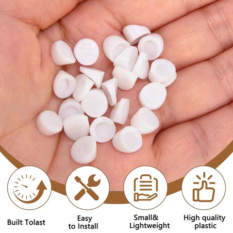 Hand holding 60-Piece Silicone Door Frame Plugs Kit, 5/16 in by 1/4 in white round screw hole plugs for doors and furniture. Built to last.