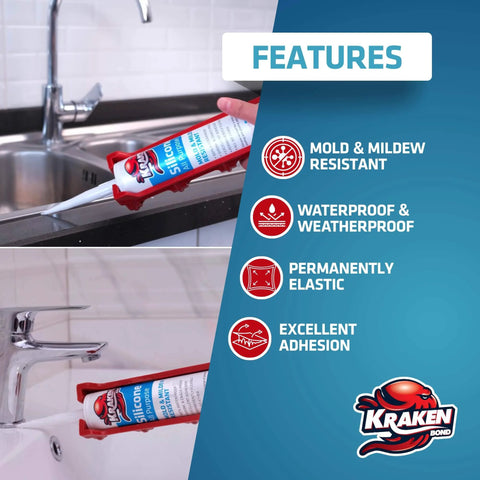 White Silicone Sealant Caulk For Kitchen And Bath, Waterproof RTV Silicone Caulk For All Purpose Indoor Outdoor Use, illustrating application on sink and counter
