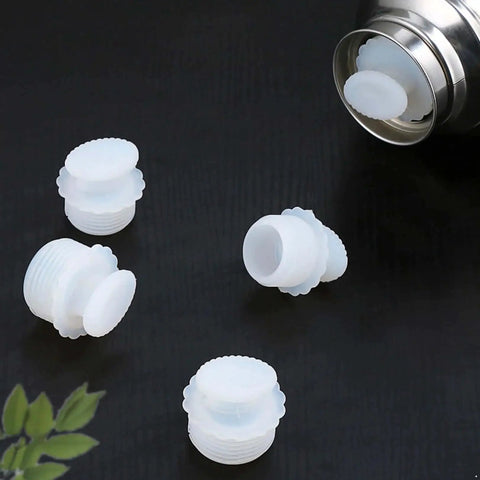 White Silicone Spiral Screw Thermal Sealed Stopper for home vacuum flasks and water bottles, shown with multiple stoppers and flask