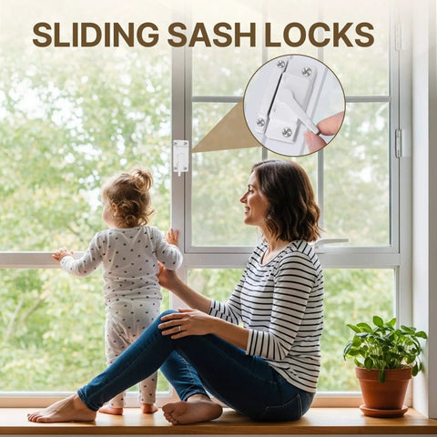 View of Durable White Cam Window Locks Set For Single And Double Hung Windows 4 Pcs Sash Locks Replacement installed on window.