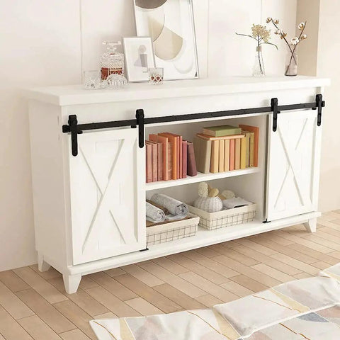White cabinet with 4ft Double Door Sliding Barn Door Hardware Kit For Cabinets Wardrobes And TV Stands With Carbon Steel Construction Black Powder Coated Finish