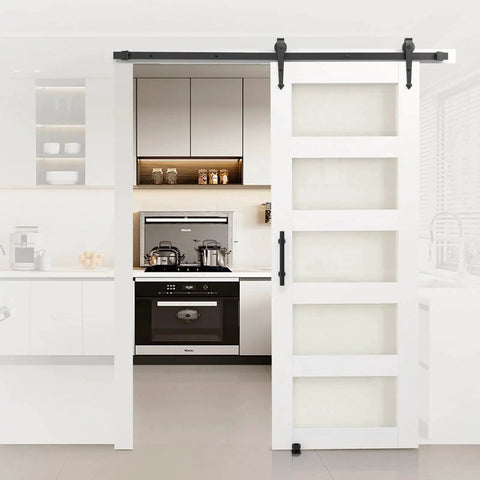 32 By 84 Inch Sliding Barn Door With Header Board And 6 Ft Hardware Track Kit And Handle, Waterproof PVC, installed in kitchen