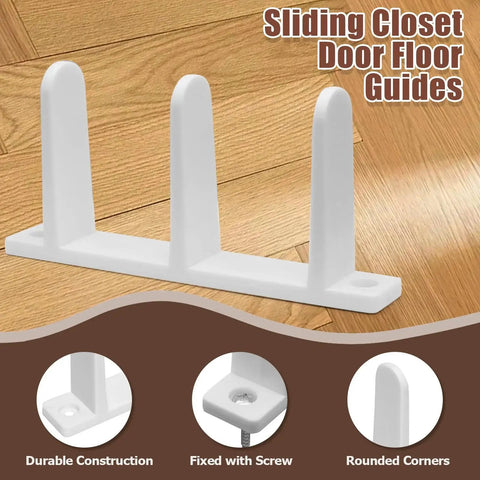 Sliding closet door floor guide, white, showing three vertical guides, fixed with screws, placed on wooden floor.