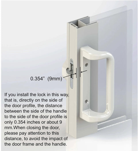 White Patio Door Handle Set with Cylinder Lock,Suitable for Replacement Sliding Patio Doors Lock 3-15/16”Screw Hole Spacing.Choices That Add a Unique to Your Patio Glass Sliding Door. side view with installation instructions