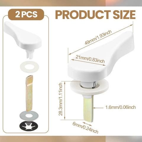 Two Sliding Door Latch Lever Spindle White Steel Pin Set For Patio Door Replacement Hardware with dimensions shown