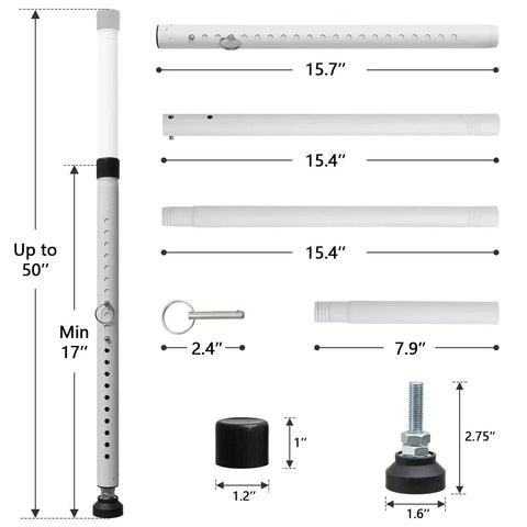 Adjustable Sliding Glass Door Security Bar With Rubber Tips Fits Seventeen Point Seven To Fifty Point Five Inches White One Inch Diameter components breakdown
