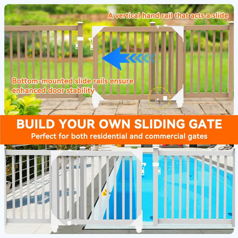 White Sliding Gate Hardware Kit Heavy Duty Rolling Gate System for Wooden Fences with Anti Sag Design over pool area