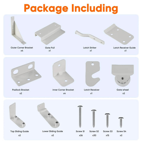 White Sliding Gate Hardware Kit package including corner brackets, gate pull, nylon wheels, and screws for wooden fences.