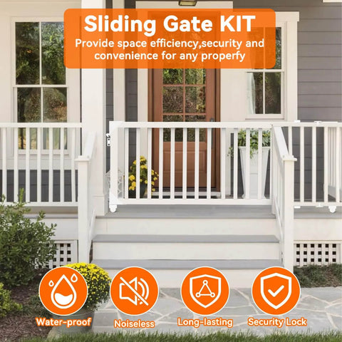 Front view of white sliding gate hardware kit installed on porch, showcasing anti sag design for use in fences.