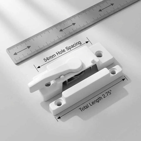 10 Pack Sliding Window Sash Locks Cam Action White For Vertical And Horizontal Sliding Windows Double Hung Window Sash Lock Set Left Or Right Opening Enhances Security And Prevents Forced Entry, showing size and spacing measurements.