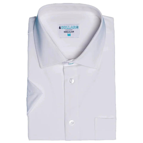 Slim Fit Short Sleeve Performance Dress Shirt For Men White 4 Way Stretch Comfort folded showing collar and buttons.