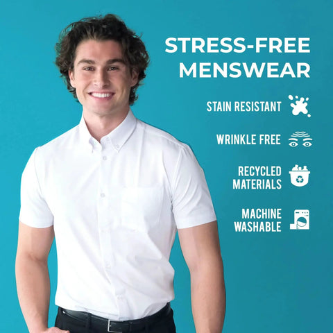 Man wearing Slim Fit Short Sleeve Performance Dress Shirt For Men White 4 Way Stretch Comfort Cloud Like Mobility, ideal for office and travel.