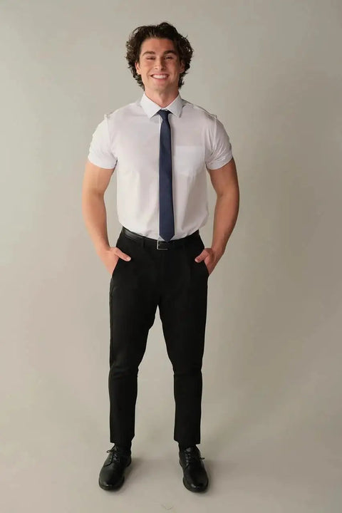 Slim Fit Short Sleeve Performance Dress Shirt For Men White 4 Way Stretch Comfort, ideal for office work, travel, and everyday wear.