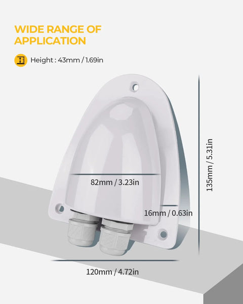 White Solar Double Cable Entry Gland Box with PG11 connector, waterproof ABS housing, shown with dimensions for use on RVs and boats.