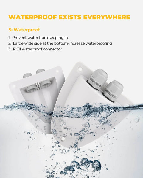 White Solar Double Cable Entry Gland Box For RV Roofs And Boats Waterproof ABS Cable Pass Through Housing With PG11 Connector Ideal For RVs Yachts And Marine Roofs Supports 14AWG To 10AWG Cables partially submerged in water demonstrating waterproof feature