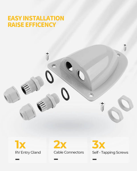 White Solar Double Cable Entry Gland Box For RV Roofs And Boats Waterproof ABS Cable Pass Through Housing With PG11 Connector Ideal For RVs Yachts And Marine Roofs Supports 14AWG To 10AWG Cables shown with connectors and screws