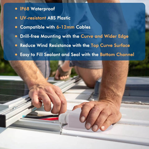 Person installing IP68 Waterproof Solar Cable Entry Gland With Dual Cable Entry Housing For Solar Panels On RV, featuring white ABS material.